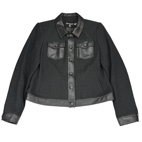 KARL LAGERFELD Tweed Faux Leather Trim Jacket Size 4 - Picture 2 of 7